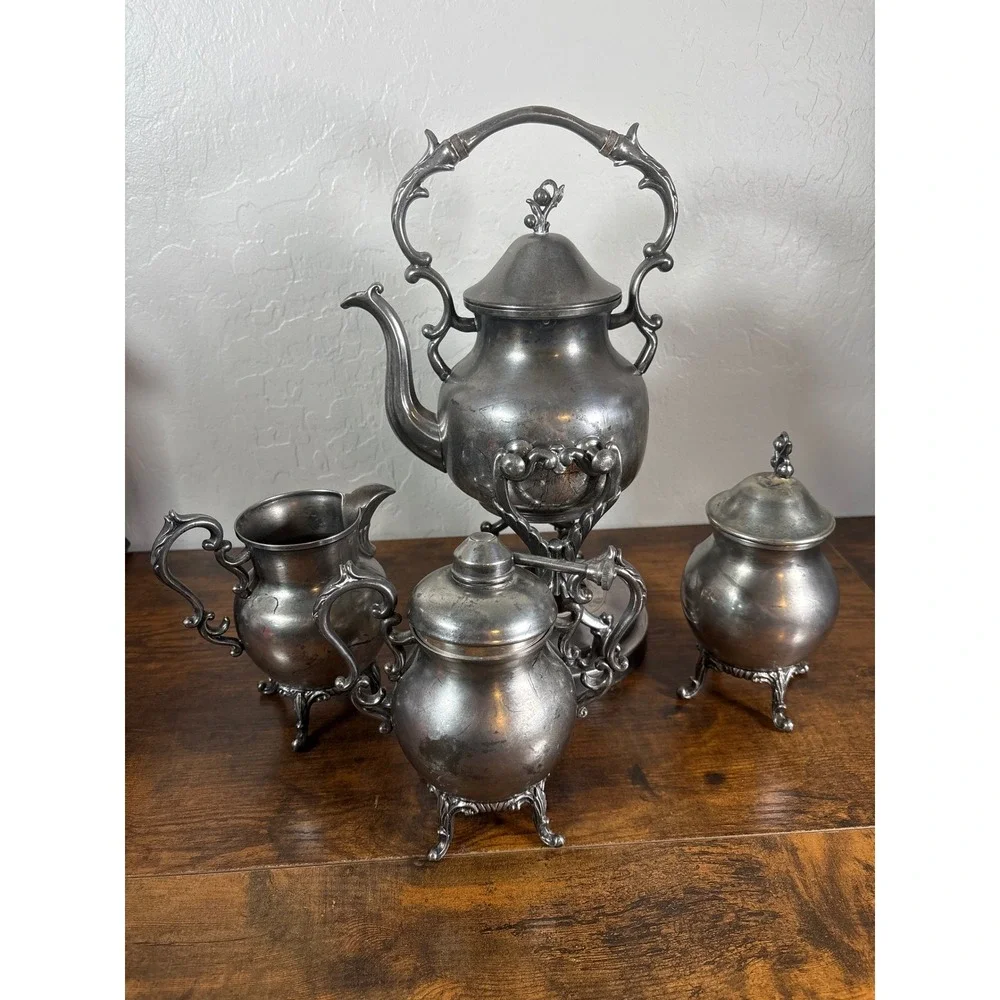 Antique Silver on Copper 5pc Tea Set Tilting Kettle Stand Victorian Ornate Hallm